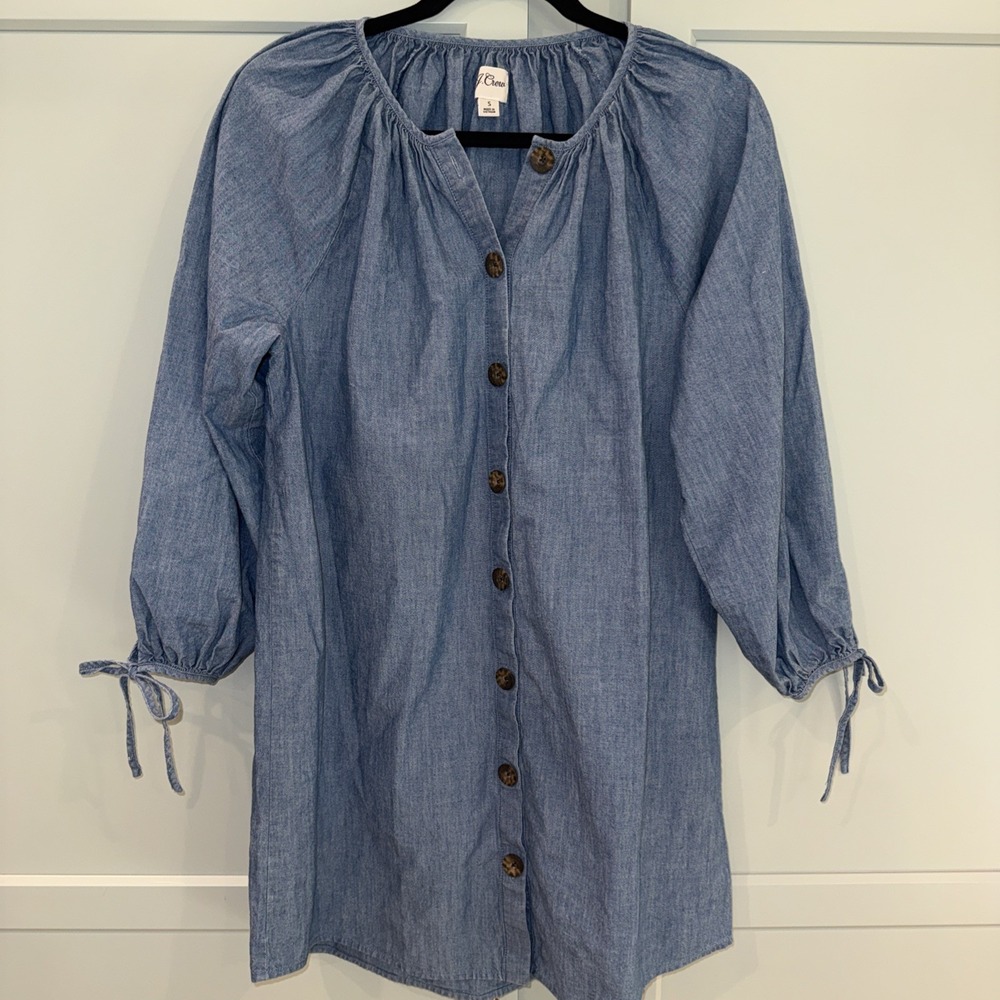 J. Crew Tie Sleeve Tortoise Button Front Blue Chambray Dress‎ Small Round Neck